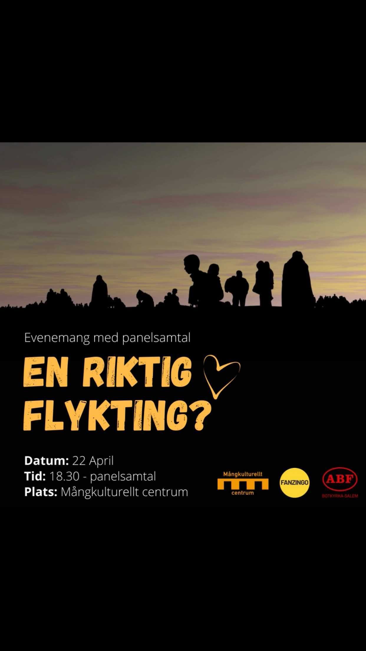 EN RIKTIG FLYKTING? 
Hur skiljer sig mottagandet beroende på vem som flyr? Hur påverkar dessa skillnader de som har egna minnen av flykt? 

Nu på fredag den 22 april bjuder vi in till ett panelsamtal om hur och varför vi gör skillnad på flyktingar, om vithet och brunhet, om öppna och stängda gränser, om utmaningarna med att anpassa insatser efter lagar och regler, om att vänta – på uppehållstillstånd eller deportering. 

Ett samtal med: 
Luis Lineo(moderator) 
Carolina Nilsson
Farhad Jahanmihan 
Shahram Khosravi
Somar Al Naher
Seinab Hilowle

22 april kl 18.30 
Mångkulturellt centrum, Fittja
Arrangörer: Mångkulturellt centrum - MKC Mediehuset Fanzingo & ABF Botkyrka-Salem

Länk till eventet i vår profil!